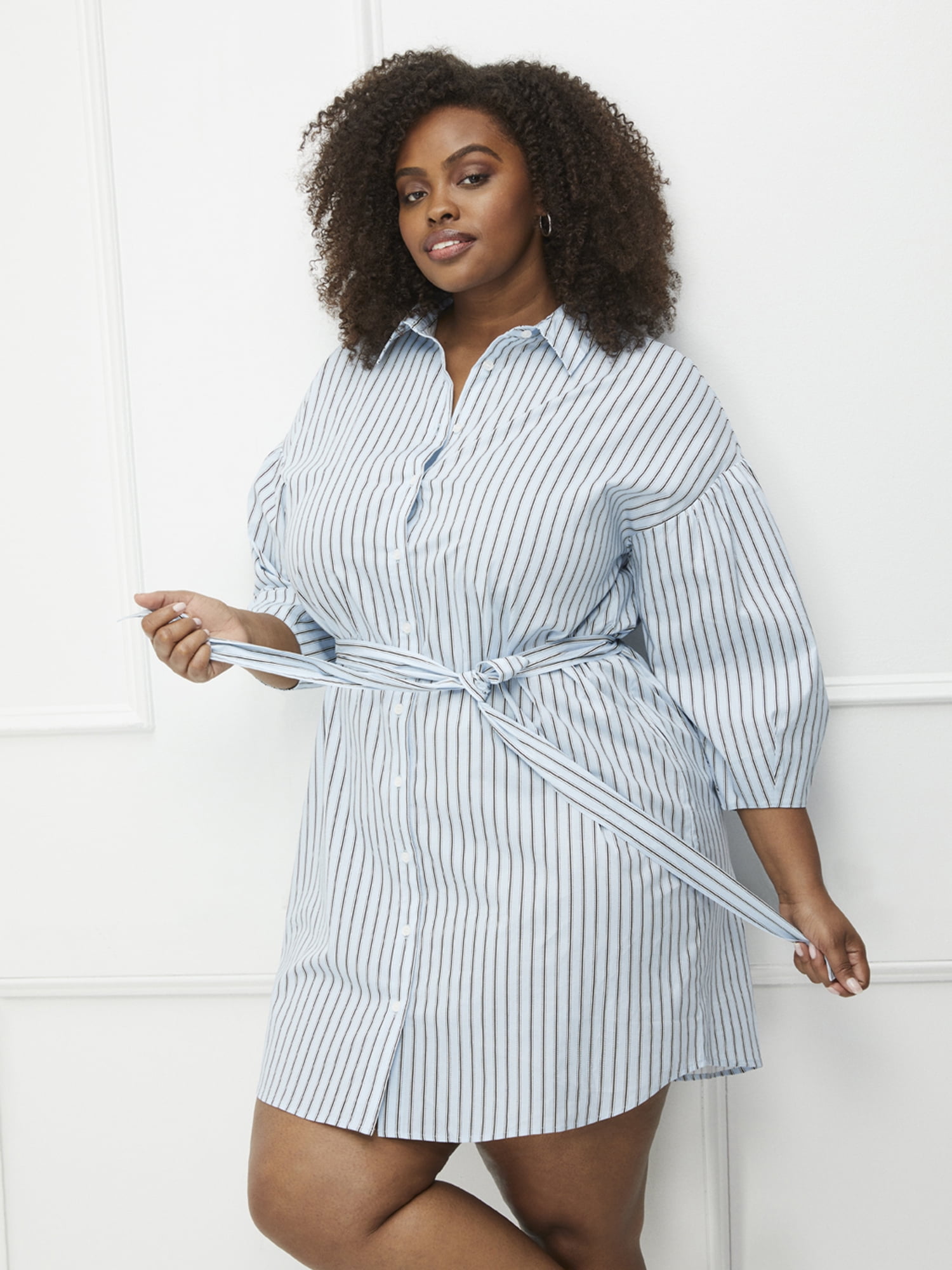 Striped Shirt Dress with Puff Sleeves ...